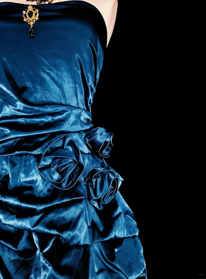 Süßes Ballkleid Trägerlos Petrol mit Blumen Kurze Mini-Heimkehrkleider N2388