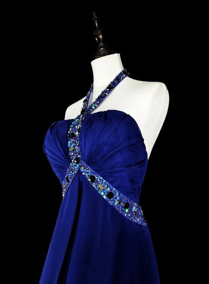 Robe de soirée vintage trapèze en mousseline bleu roi, style années 90, idéale pour un anniversaire ou un bal de promo (N1751)