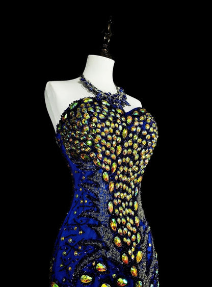 Vintage Meerjungfrauen-Abendkleid in Königsblau aus den 70er Jahren, langes Tüllkleid mit Herzausschnitt, N1833