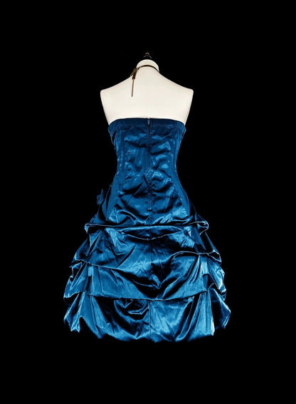 Süßes Ballkleid Trägerlos Petrol mit Blumen Kurze Mini-Heimkehrkleider N2388