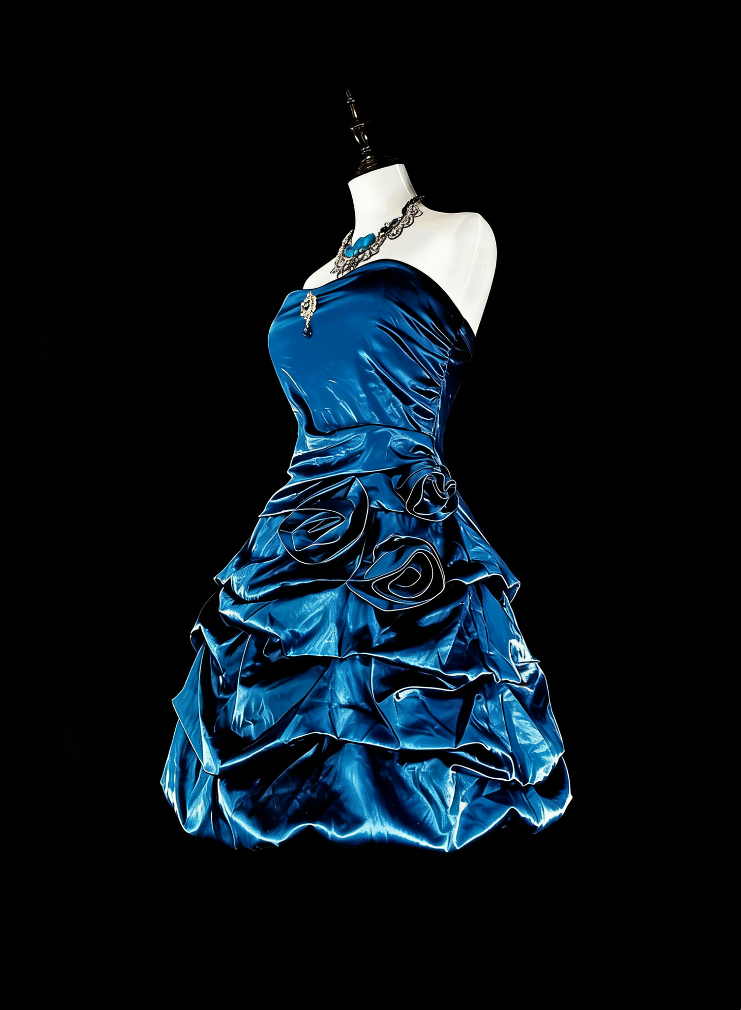 Süßes Ballkleid Trägerlos Petrol mit Blumen Kurze Mini-Heimkehrkleider N2388