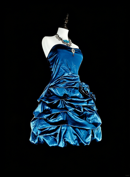 Süßes Ballkleid Trägerlos Petrol mit Blumen Kurze Mini-Heimkehrkleider N2388
