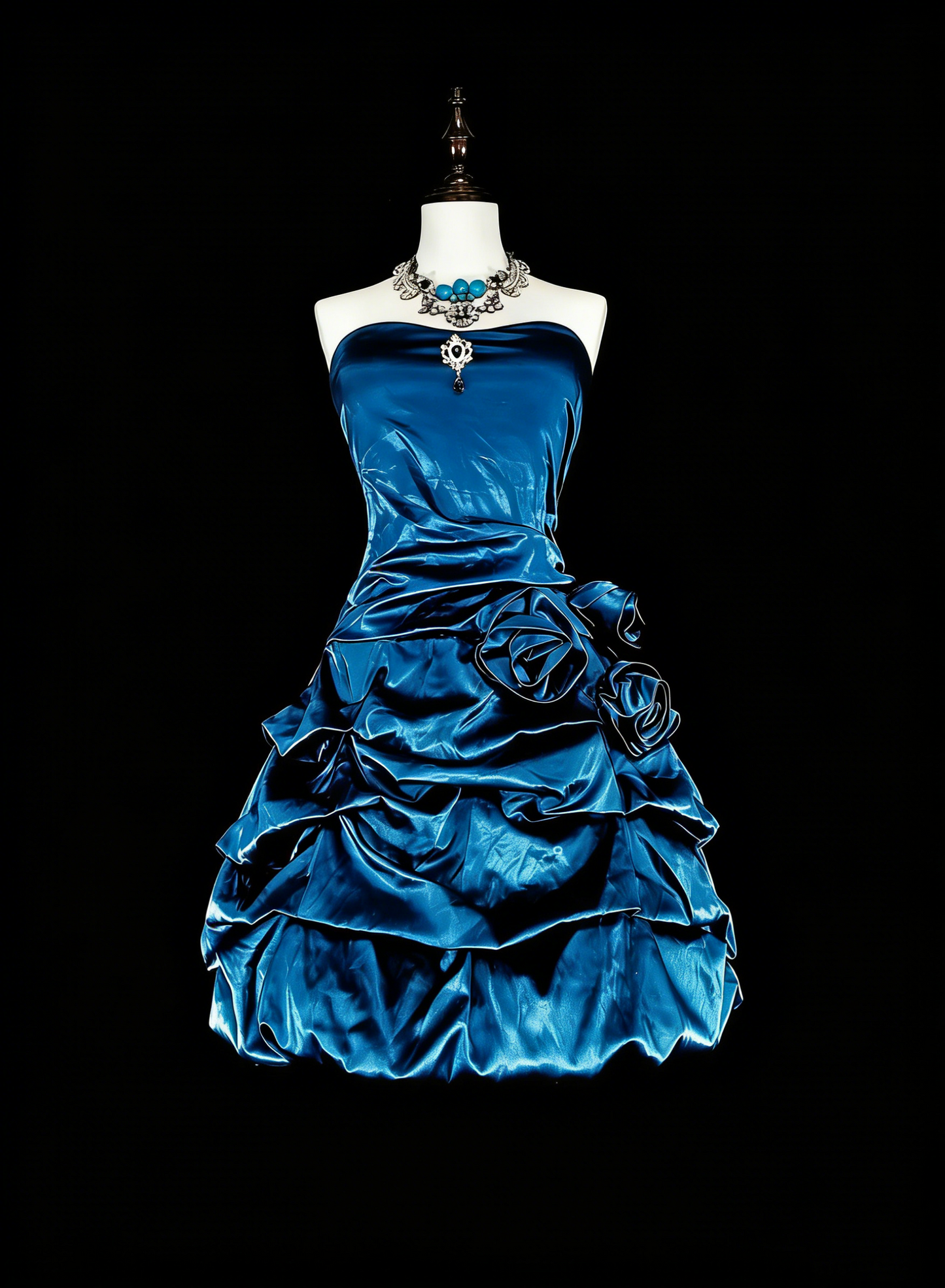 Süßes Ballkleid Trägerlos Petrol mit Blumen Kurze Mini-Heimkehrkleider N2388
