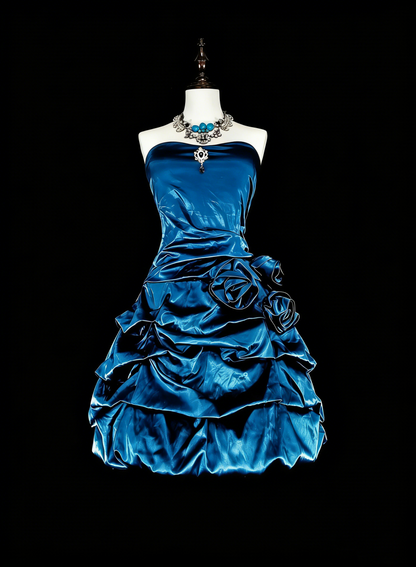 Süßes Ballkleid Trägerlos Petrol mit Blumen Kurze Mini-Heimkehrkleider N2388