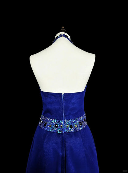 Robe de soirée vintage trapèze en mousseline bleu roi, style années 90, idéale pour un anniversaire ou un bal de promo (N1751)