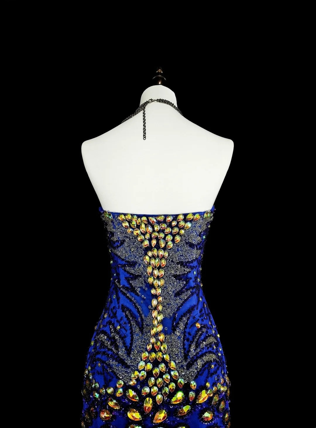 Vintage Meerjungfrauen-Abendkleid in Königsblau aus den 70er Jahren, langes Tüllkleid mit Herzausschnitt, N1833