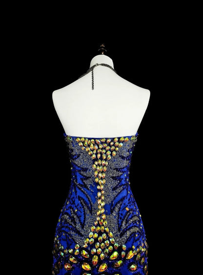 Vintage Meerjungfrauen-Abendkleid in Königsblau aus den 70er Jahren, langes Tüllkleid mit Herzausschnitt, N1833