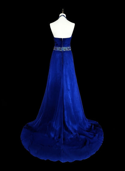 Robe de soirée vintage trapèze en mousseline bleu roi, style années 90, idéale pour un anniversaire ou un bal de promo (N1751)