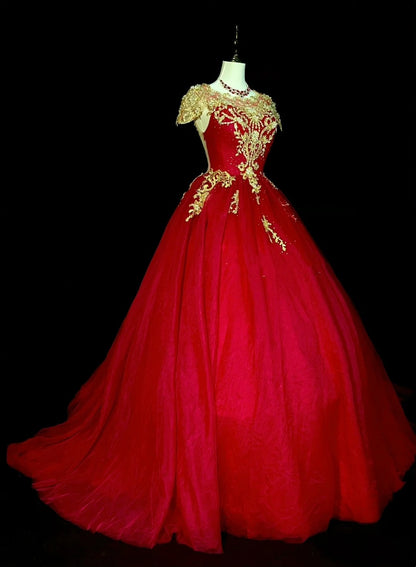 Chic Ball Gown Scoop Red Tulle Gold Lace Long College Formal Outfit Prom Graduation Dresses For Teens N1375