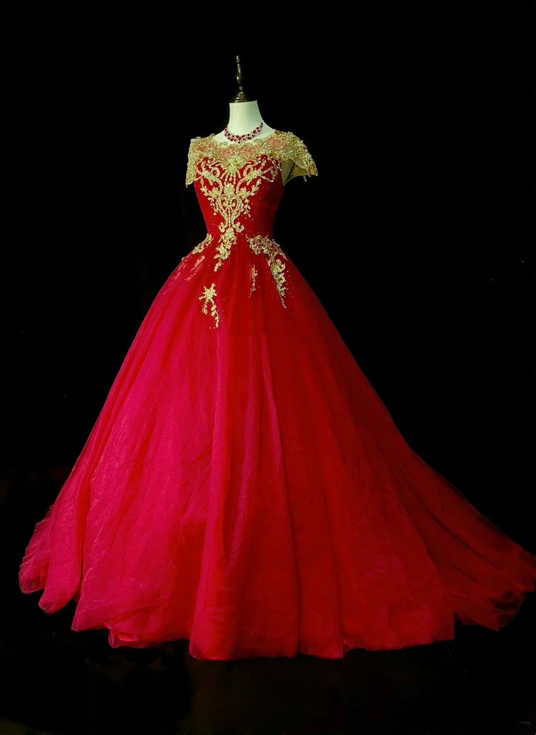 Chic Ball Gown Scoop Red Tulle Gold Lace Long College Formal Outfit Prom Graduation Dresses For Teens N1375