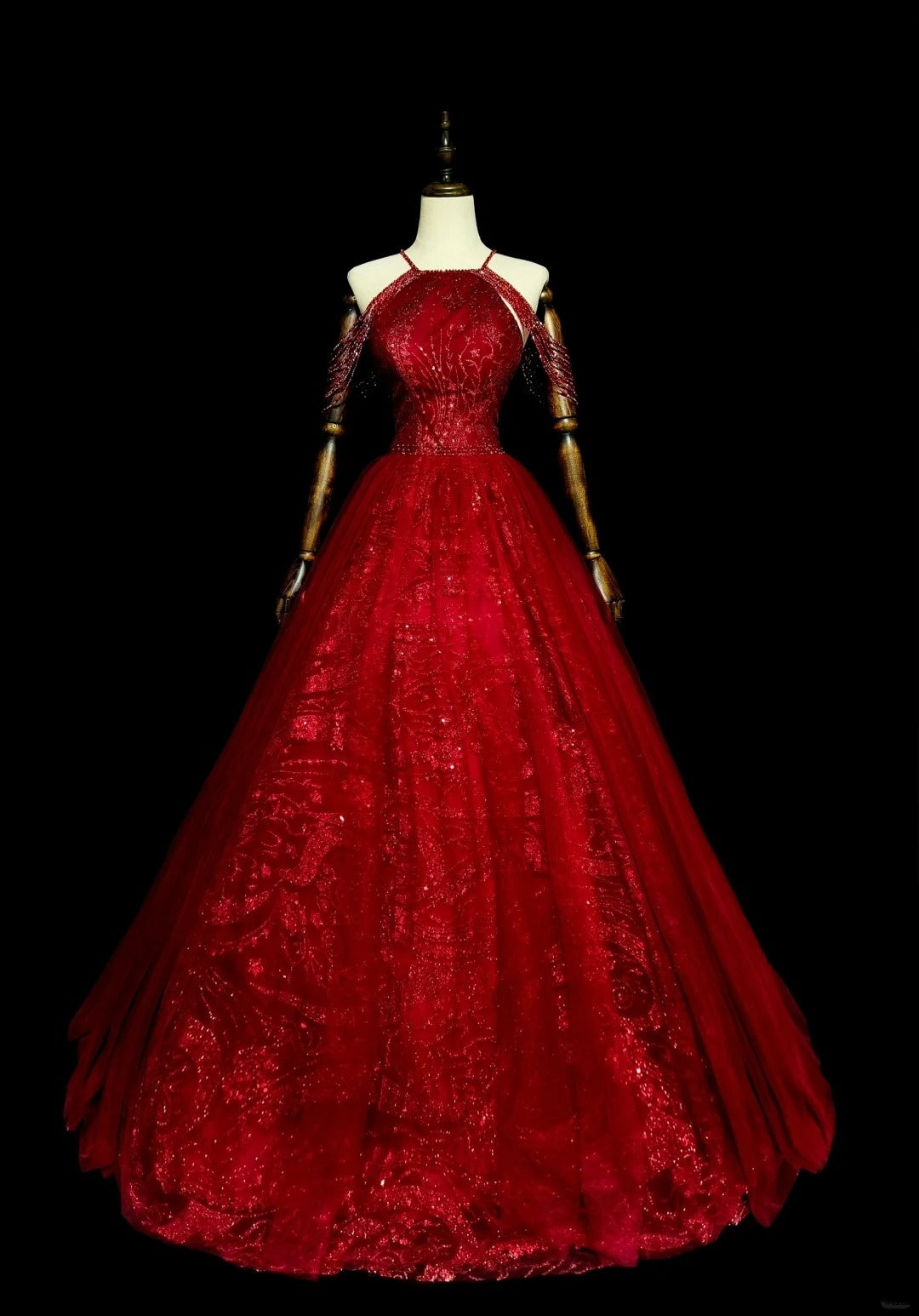 Robe de bal chic à col halter en tulle rouge, longue, tenue de soirée pour jeunes filles (N1372)