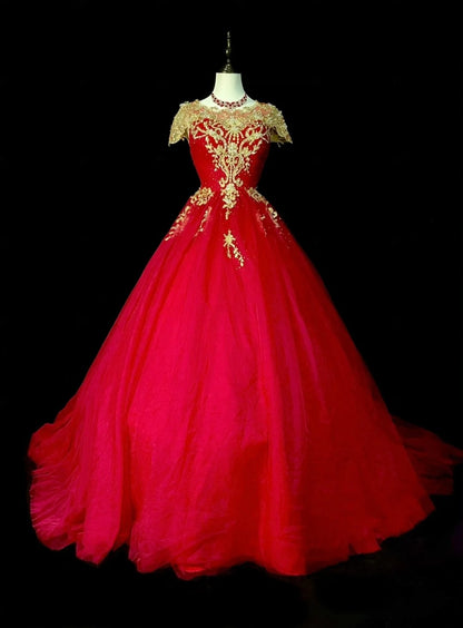 Chic Ball Gown Scoop Red Tulle Gold Lace Long College Formal Outfit Prom Graduation Dresses For Teens N1375