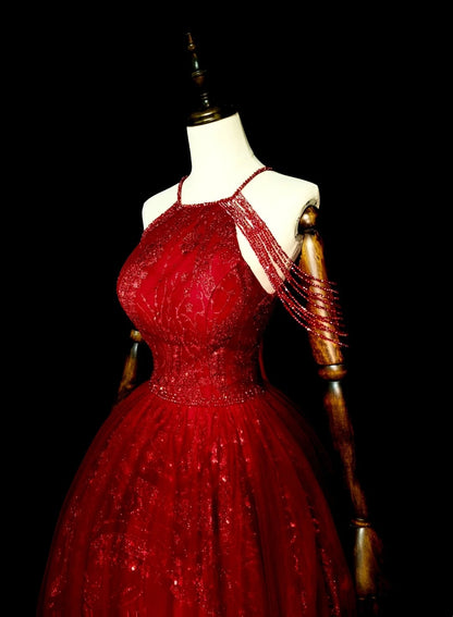 Robe de bal chic à col halter en tulle rouge, longue, tenue de soirée pour jeunes filles (N1372)
