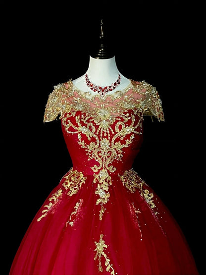 Chic Ball Gown Scoop Red Tulle Gold Lace Long College Formal Outfit Prom Graduation Dresses For Teens N1375