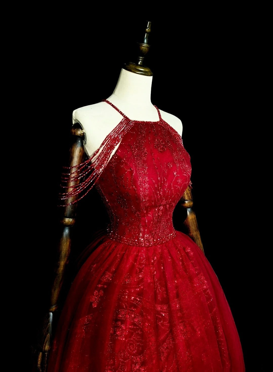 Robe de bal chic à col halter en tulle rouge, longue, tenue de soirée pour jeunes filles (N1372)