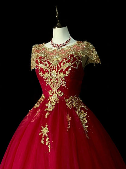 Chic Ball Gown Scoop Red Tulle Gold Lace Long College Formal Outfit Prom Graduation Dresses For Teens N1375