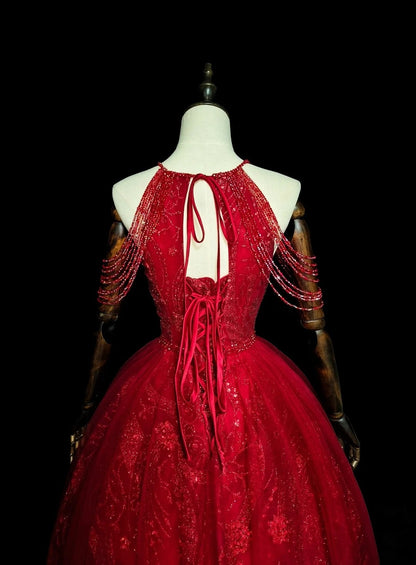 Robe de bal chic à col halter en tulle rouge, longue, tenue de soirée pour jeunes filles (N1372)