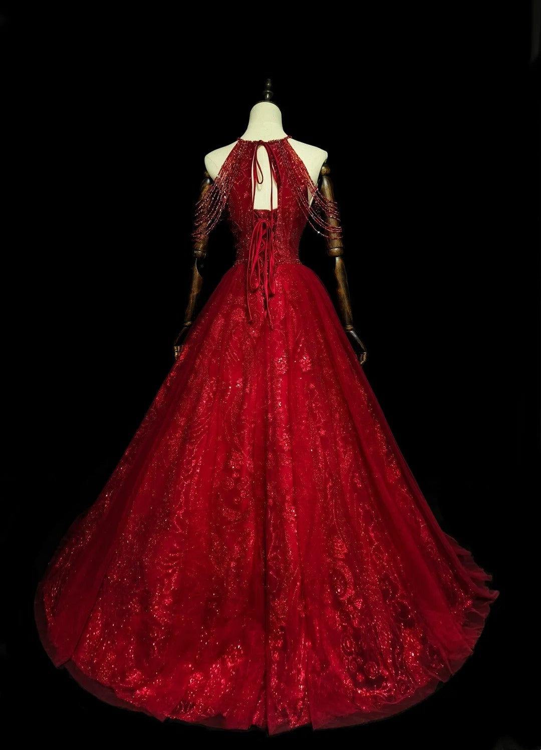 Robe de bal chic à col halter en tulle rouge, longue, tenue de soirée pour jeunes filles (N1372)