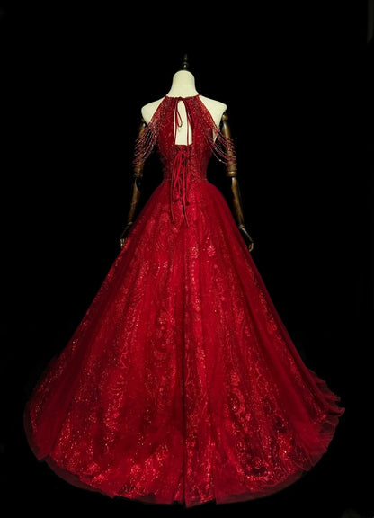 Robe de bal chic à col halter en tulle rouge, longue, tenue de soirée pour jeunes filles (N1372)