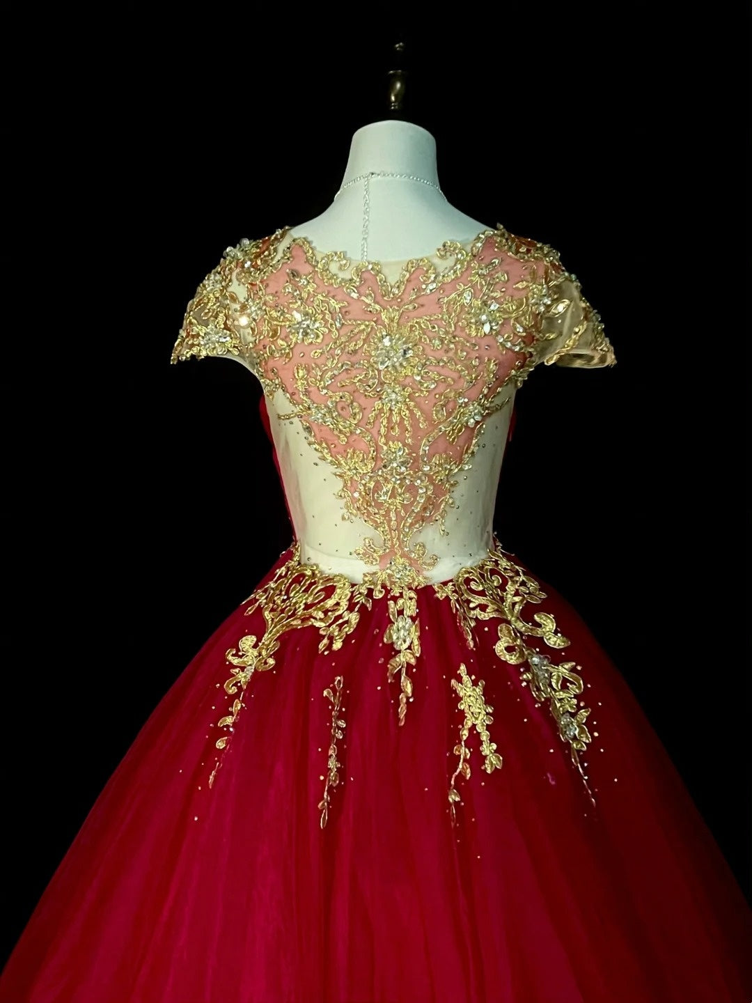 Chic Ball Gown Scoop Red Tulle Gold Lace Long College Formal Outfit Prom Graduation Dresses For Teens N1375