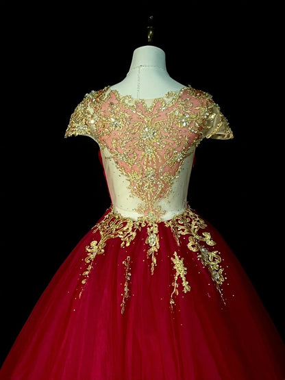 Chic Ball Gown Scoop Red Tulle Gold Lace Long College Formal Outfit Prom Graduation Dresses For Teens N1375