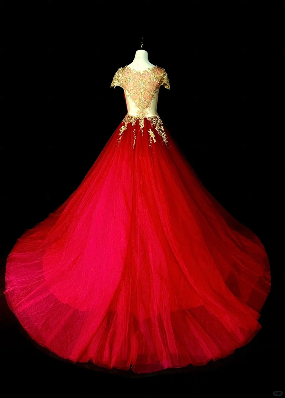 Chic Ball Gown Scoop Red Tulle Gold Lace Long College Formal Outfit Prom Graduation Dresses For Teens N1375