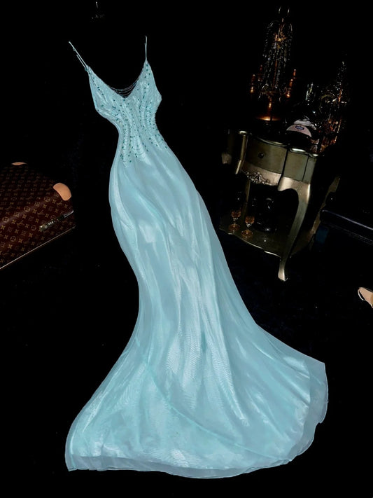 Dreamy Mermaid Spaghetti Straps Light Sky Blue Chiffon With Beading School Dances Prom Dresses 8th Grade Formal Outfits Evening Dress RB8397