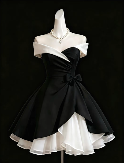 Cute Ball Gown Off The Shoulder Black Satin Mini University Ideas Homecoming Dress Inspo Short Birthday Dresses Senior Graduation Outfits RB7197