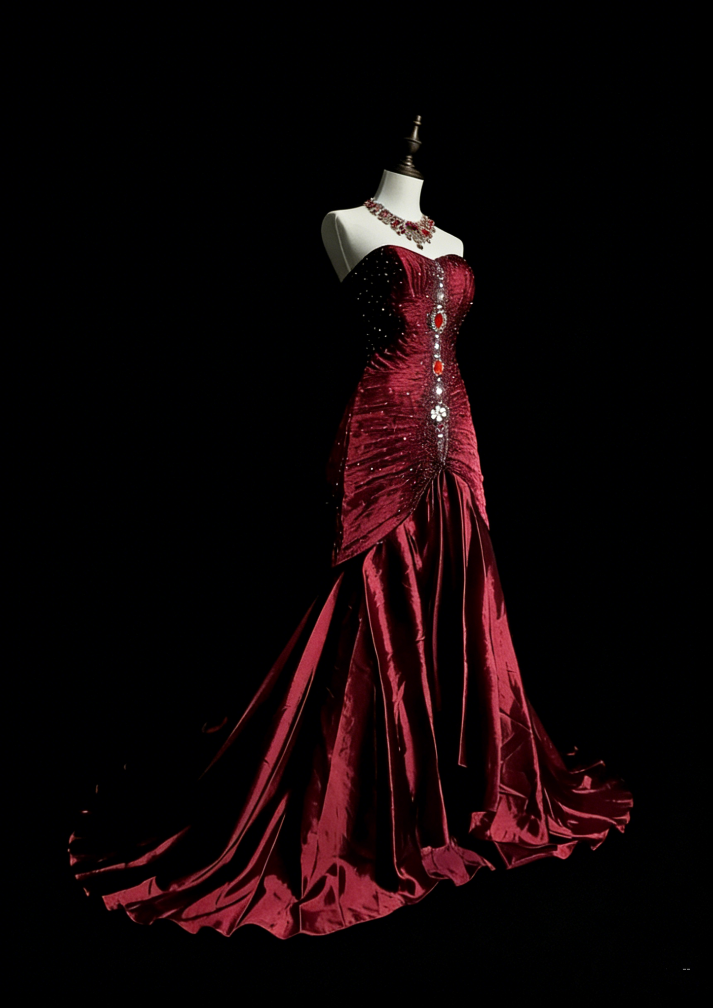 Robe de bal rétro sirène bustier cœur en satin bordeaux vin avec perles et sans manches, style années 70, robe de soirée longue et formelle N1493
