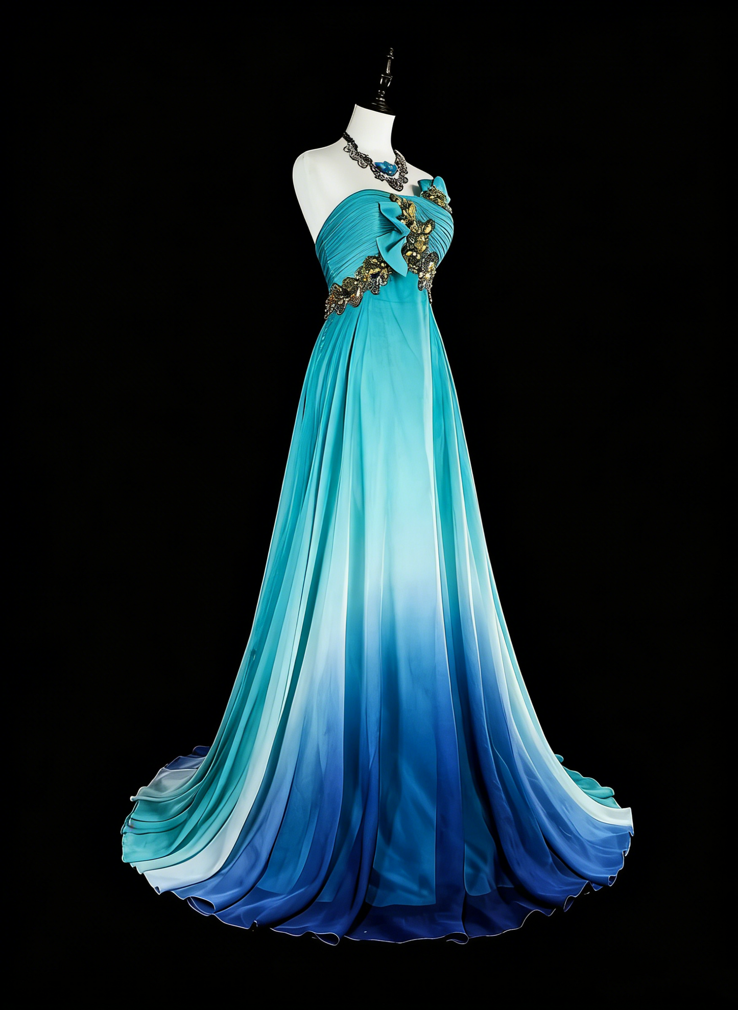 Robe de bal vintage, esthétique années 50, rétro chic, bleu ombré, coupe trapèze, longue, ornée de perles, N2006