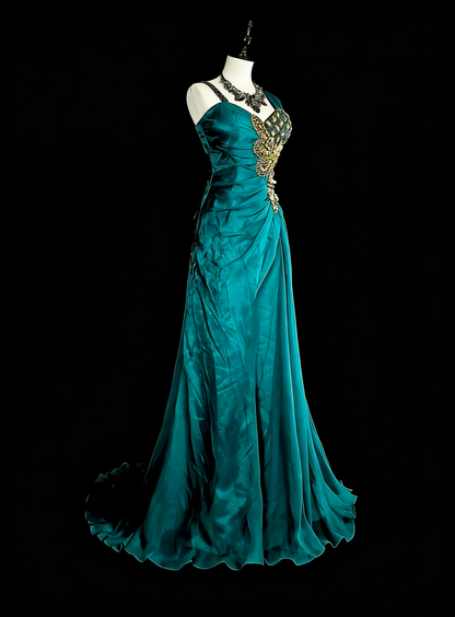 Robe de bal longue vintage vert sirène années 70 avec plis et perles dorées, N1837
