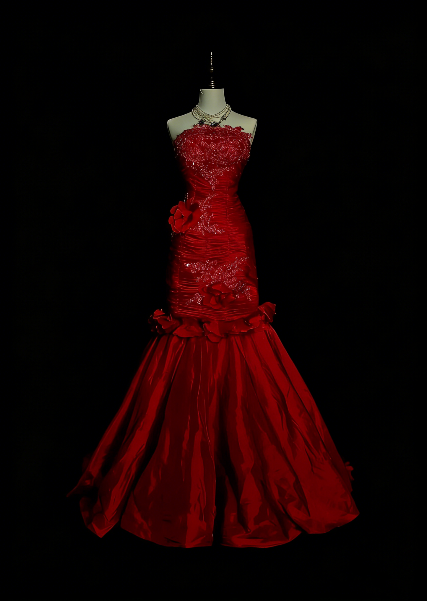 Robe de bal longue sirène vintage sans bretelles en tulle rouge avec appliques, style années 80, référence N1440