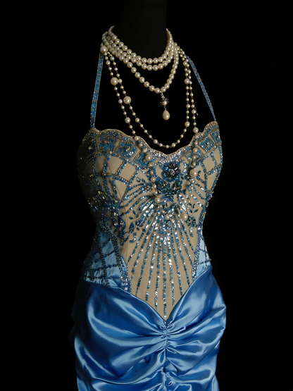 Robes de bal vintage Esthétique des années 60 Rétro Licou Sirène Perles Longue Robe de soirée N2144