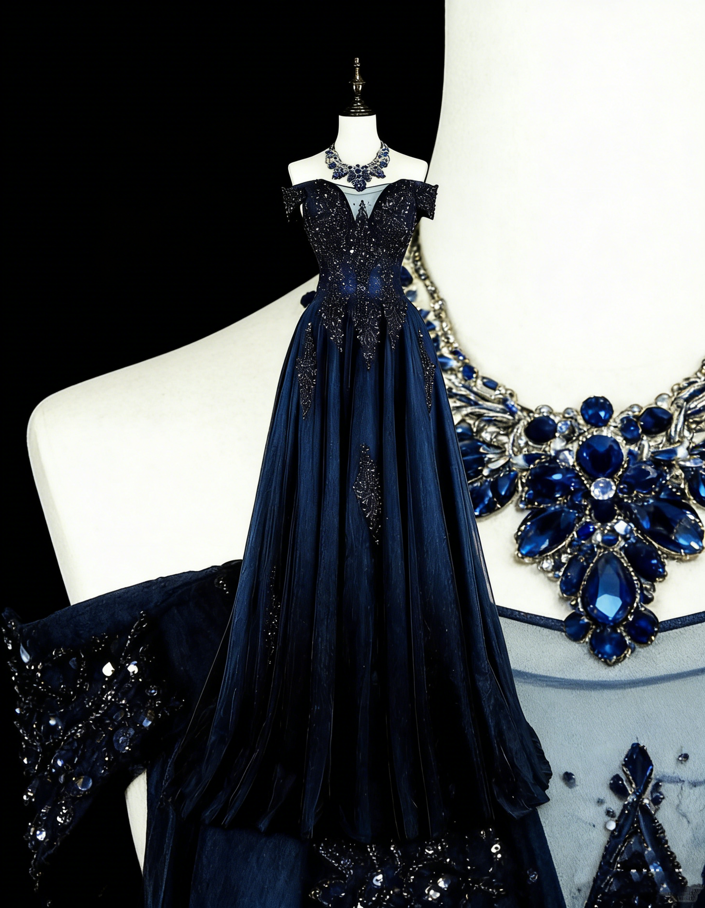 Vintage 1980s A Line Off The Shoulder Navy Blue Tulle With Sleeves Lace Long Prom Formal Dresses N1604