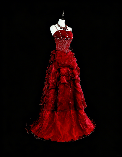 Robe de bal élégante à bretelles spaghetti en tulle bordeaux, inspiration robe de soirée longue N1843
