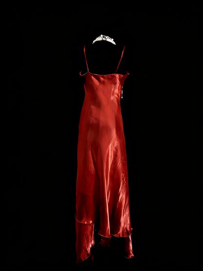Robe de soirée vintage style années 80, 70, 90, coupe trapèze, rouge rouille, bretelles spaghetti, N1150