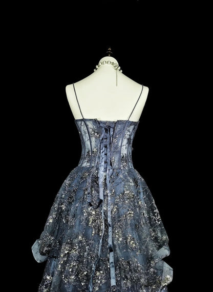 Robe de bal vintage, robe de soirée esthétique à fines bretelles, sequins gris, longue, inspiration robe de soirée formelle N1849