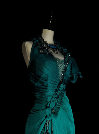 Robe de bal de fin d'année sobre, coupe trapèze, dos nu, en mousseline vert foncé sans manches, modèle N1378
