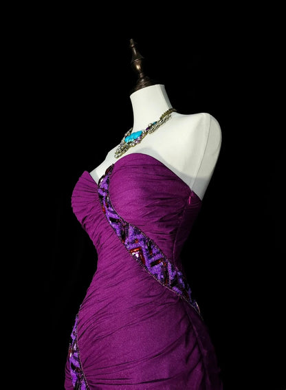 Robe de bal d'été vintage sirène à décolleté bustier orné de perles violettes, longue, idéale pour la plage ou les soirées formelles printanières (N1420)