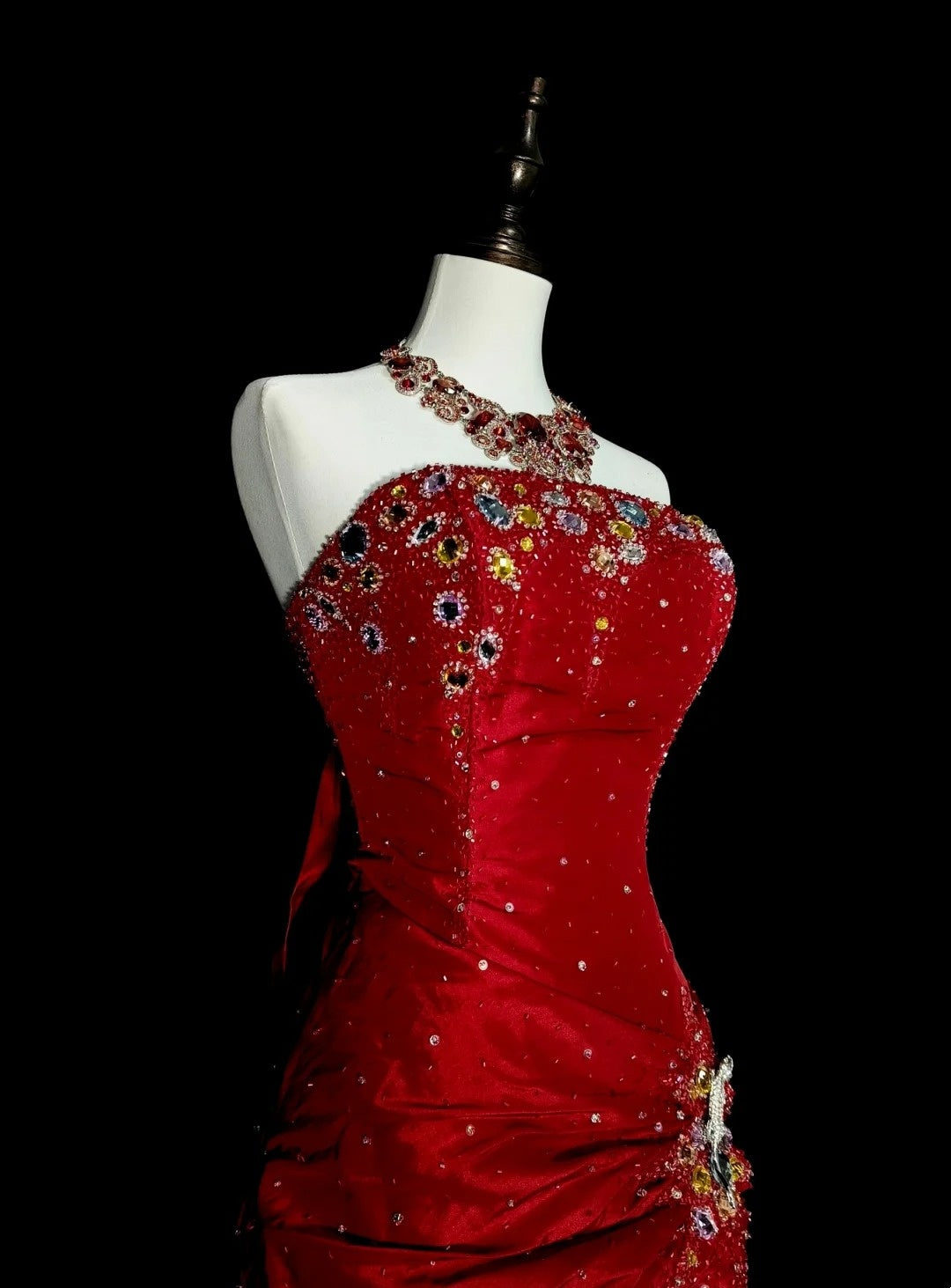 Vintage Mermaid Strapless Red Satin 90s With Beaded Prom Dresses Long Formal Party Gown N1380