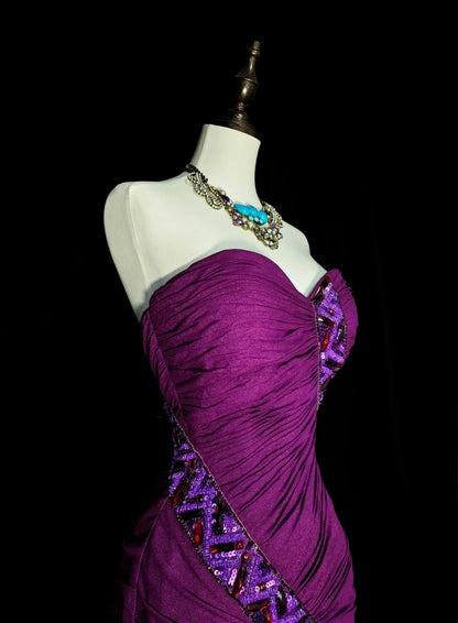 Robe de bal d'été vintage sirène à décolleté bustier orné de perles violettes, longue, idéale pour la plage ou les soirées formelles printanières (N1420)