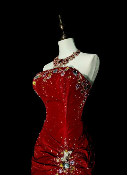 Vintage Mermaid Strapless Red Satin 90s With Beaded Prom Dresses Long Formal Party Gown N1380