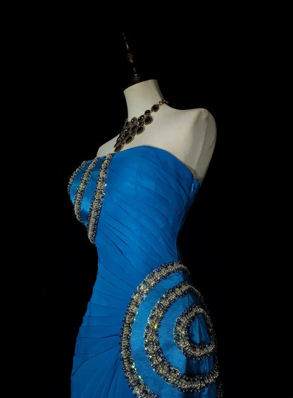 Robe de bal d'été longue, bustier, en mousseline bleue ornée de perles, style sirène vintage, N1423
