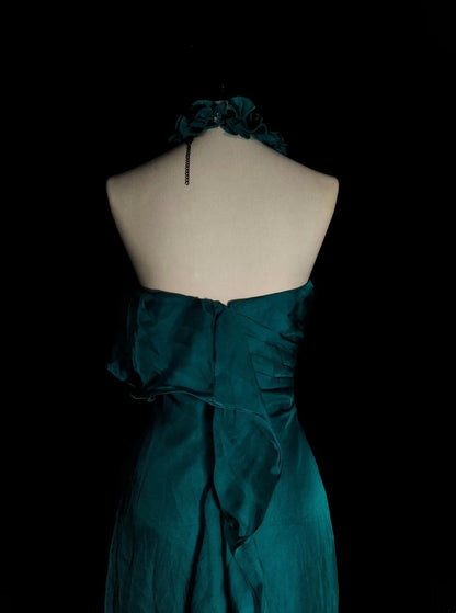 Robe de bal de fin d'année sobre, coupe trapèze, dos nu, en mousseline vert foncé sans manches, modèle N1378