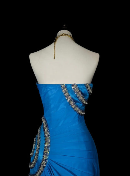 Robe de bal d'été longue, bustier, en mousseline bleue ornée de perles, style sirène vintage, N1423