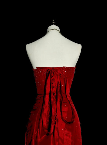 Vintage Mermaid Strapless Red Satin 90s With Beaded Prom Dresses Long Formal Party Gown N1380