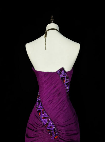 Robe de bal d'été vintage sirène à décolleté bustier orné de perles violettes, longue, idéale pour la plage ou les soirées formelles printanières (N1420)