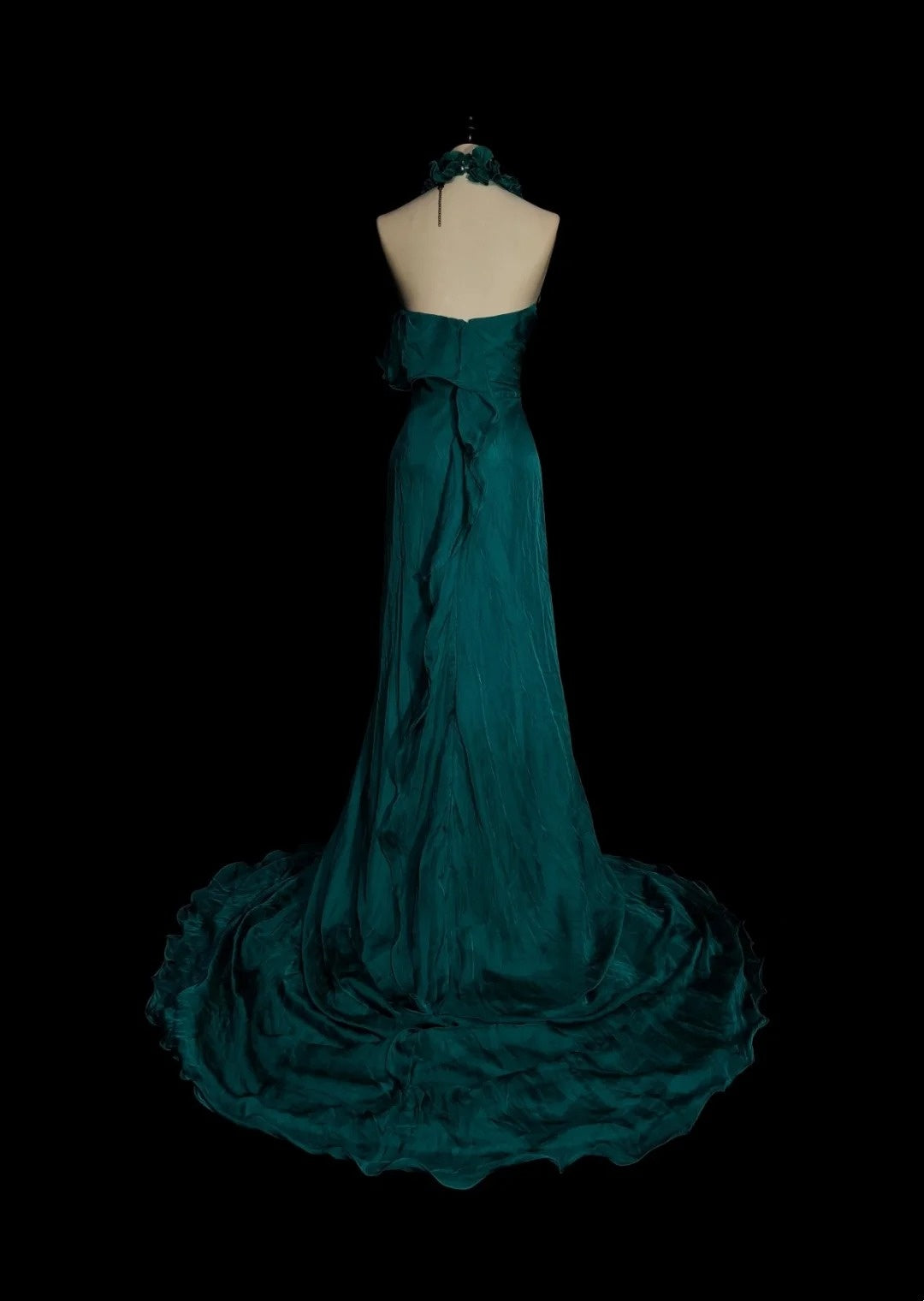 Robe de bal de fin d'année sobre, coupe trapèze, dos nu, en mousseline vert foncé sans manches, modèle N1378