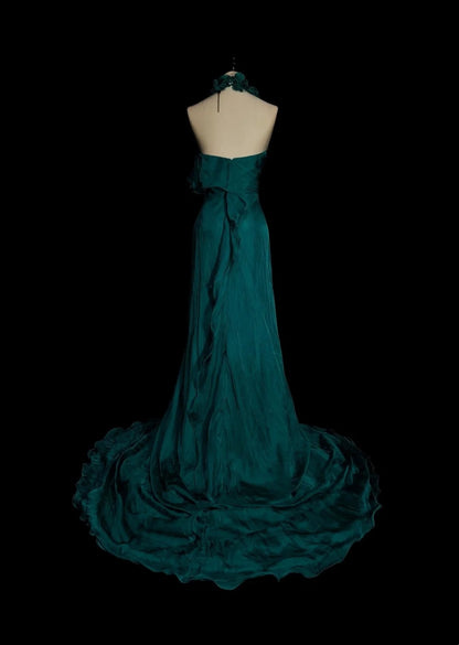 Robe de bal de fin d'année sobre, coupe trapèze, dos nu, en mousseline vert foncé sans manches, modèle N1378