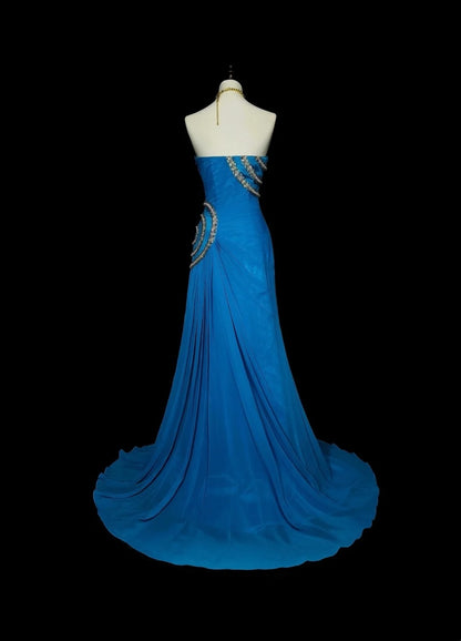 Robe de bal d'été longue, bustier, en mousseline bleue ornée de perles, style sirène vintage, N1423